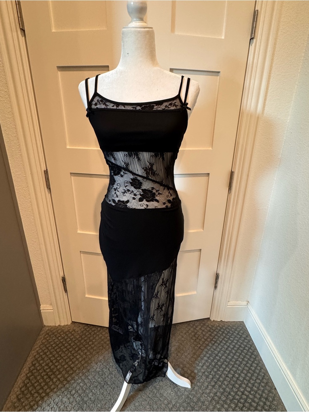 Edikted Black Sheer Lace Maxi Slip Dress with Double Straps
